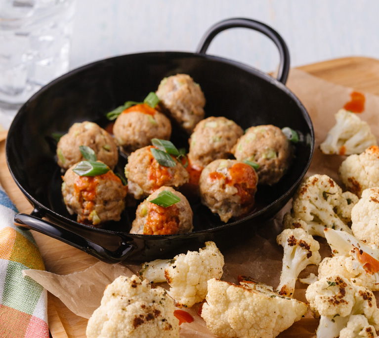 Buffalo Chicken Meatballs with Air Fried Cauliflower