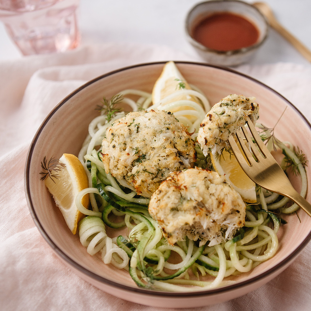 Crab Cakes with Spiralized Cucumber and Jicama Salad